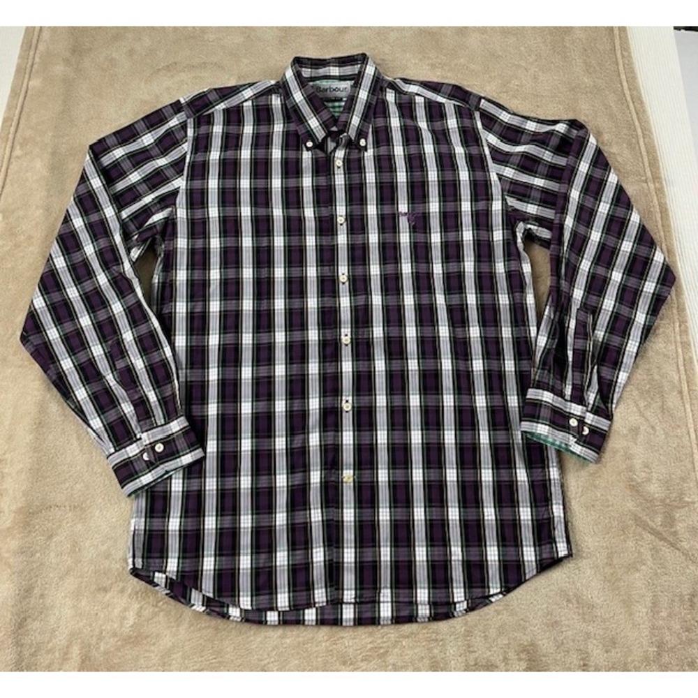 Barbour Shirt Mens Medium Purple Plaid Long Sleeve‎ Button Up Pockets Cotton EUC